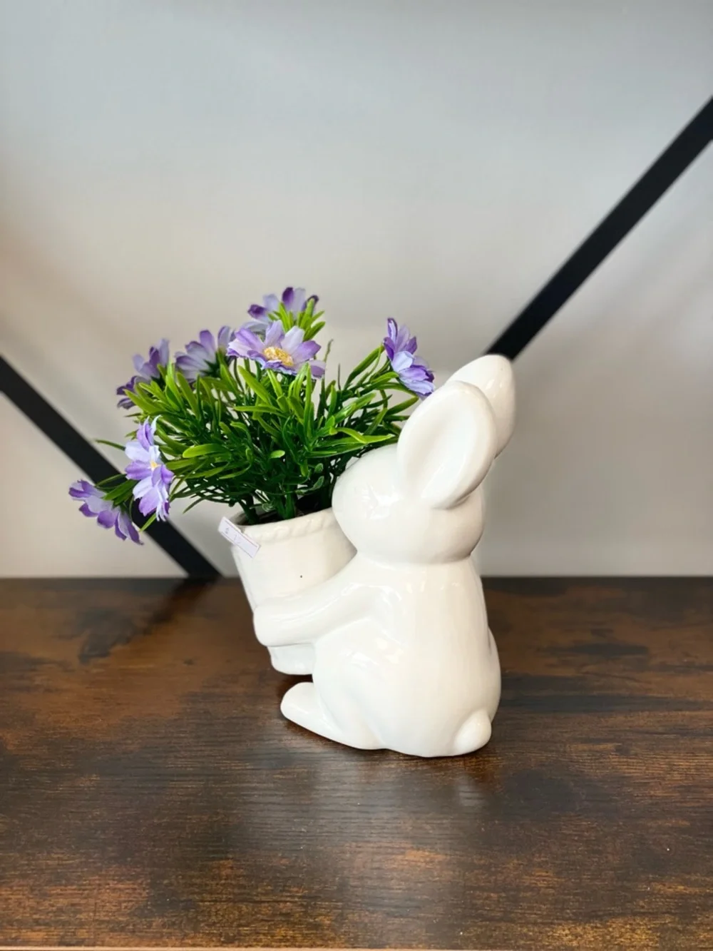 White Ceramic Bunny Vase with Purple Floral Accent - Home Accents